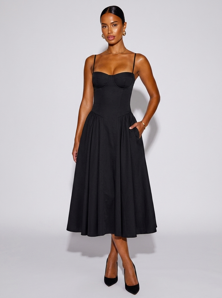 London Sweetheart Neck Dress in Black