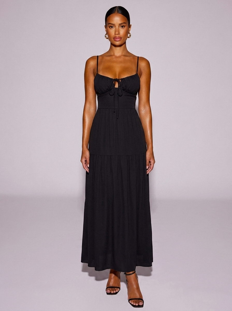 Rome Lace Up Spaghetti Strap Dress in Black
