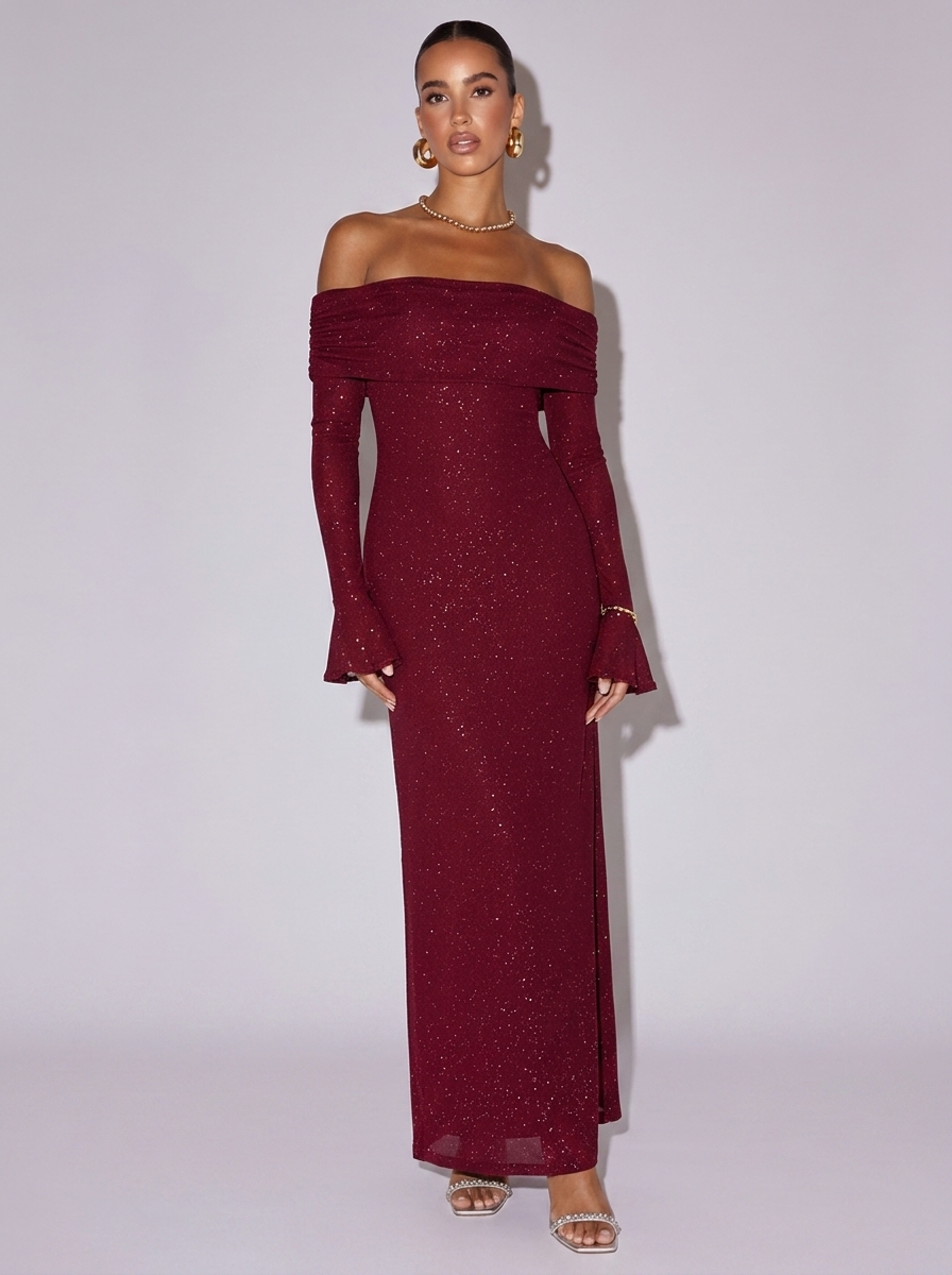 New York Glitter Off-Shoulder Dress in Dark Red