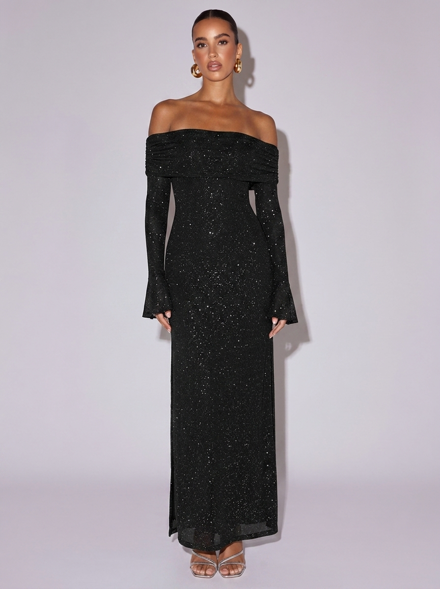 New York Glitter Off-Shoulder Dress in Black