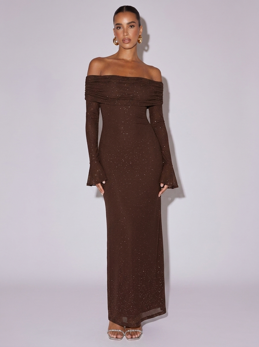 New York Glitter Off-Shoulder Dress in Dark Brown
