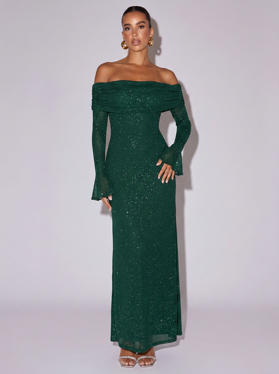 New York Glitter Off-Shoulder Dress in Dark Green