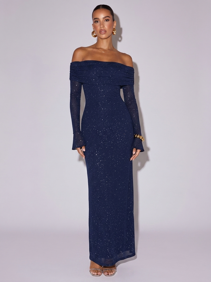 New York Glitter Off-Shoulder Dress in Navy Blue