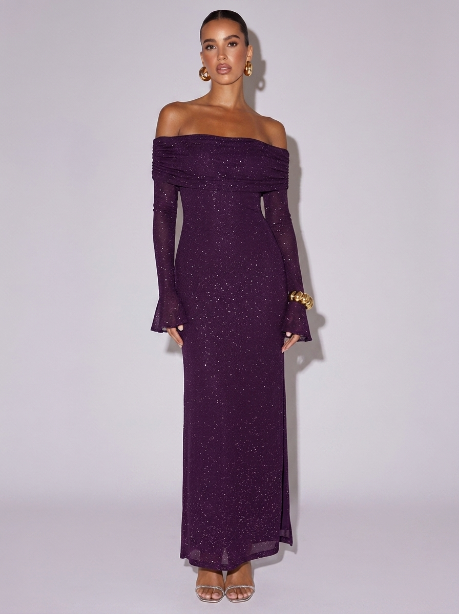 New York Glitter Off-Shoulder Dress in Purple