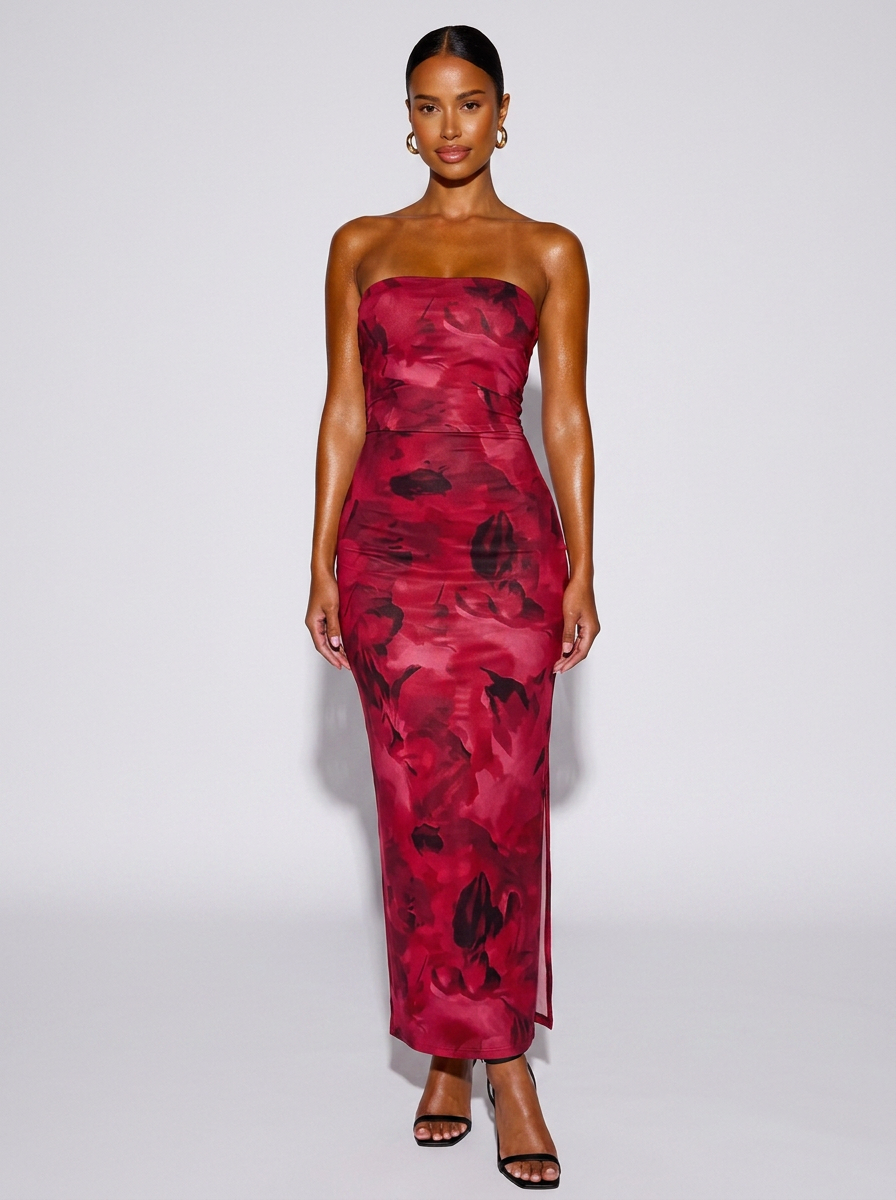 Miami Printed Side Slit Tube Dress in Rose Red