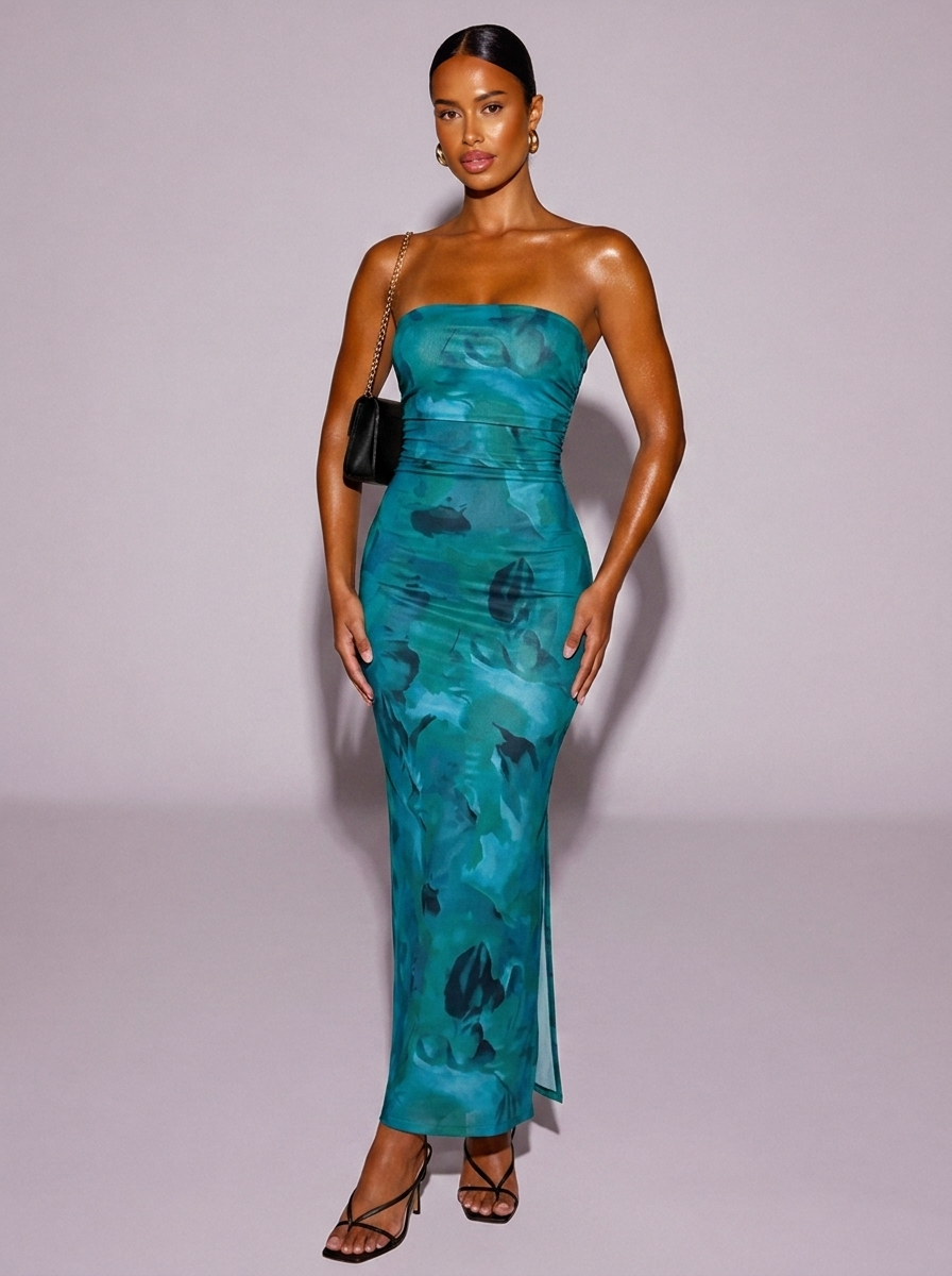 Miami Printed Side Slit Tube Dress in Blue