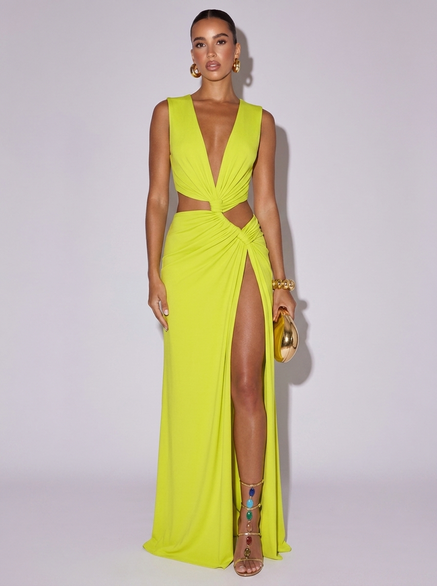 Miami Deep V-Neck High Slit Dress in Lime