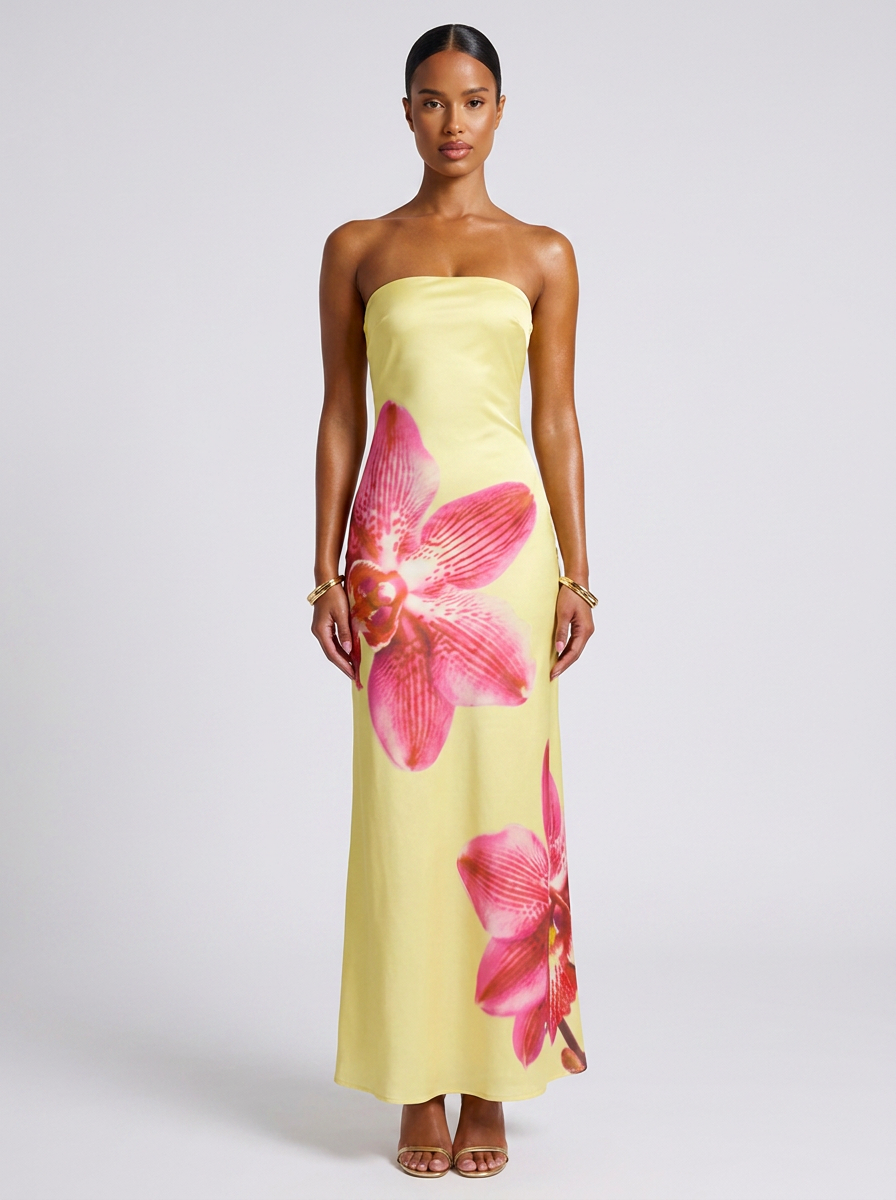 Ibiza Floral Printed Tube Dress in Light Yellow
