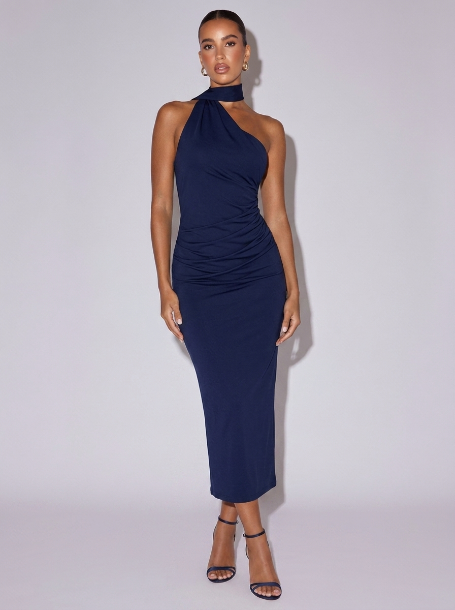 New York Halter Neck Ruched Bodycon Dress in Navy
