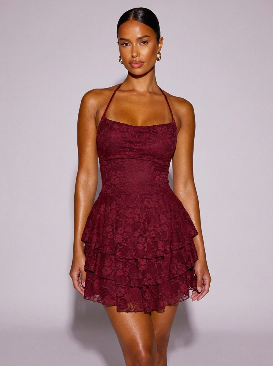 Amsterdam Lace Ruffle Halter Neck Dress in Burgundy
