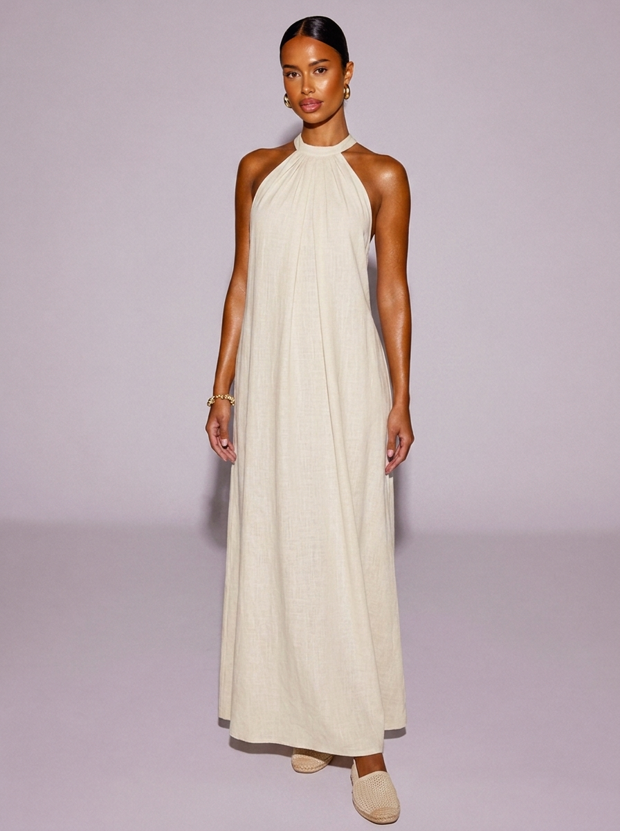 Santorini Halter Neck Dress in Cream White