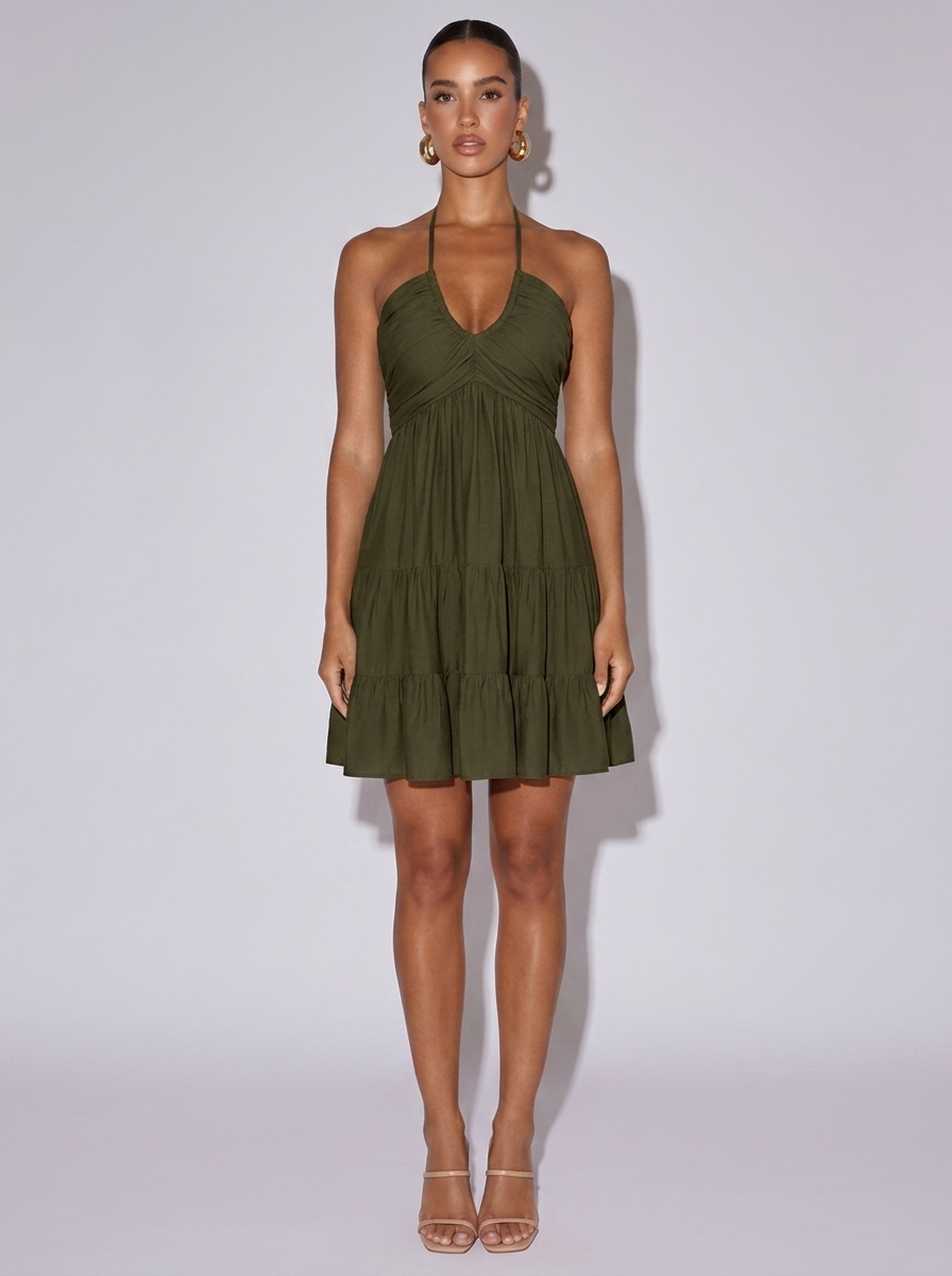 Rome Smocked Halter Neck Tiered Dress in Olive