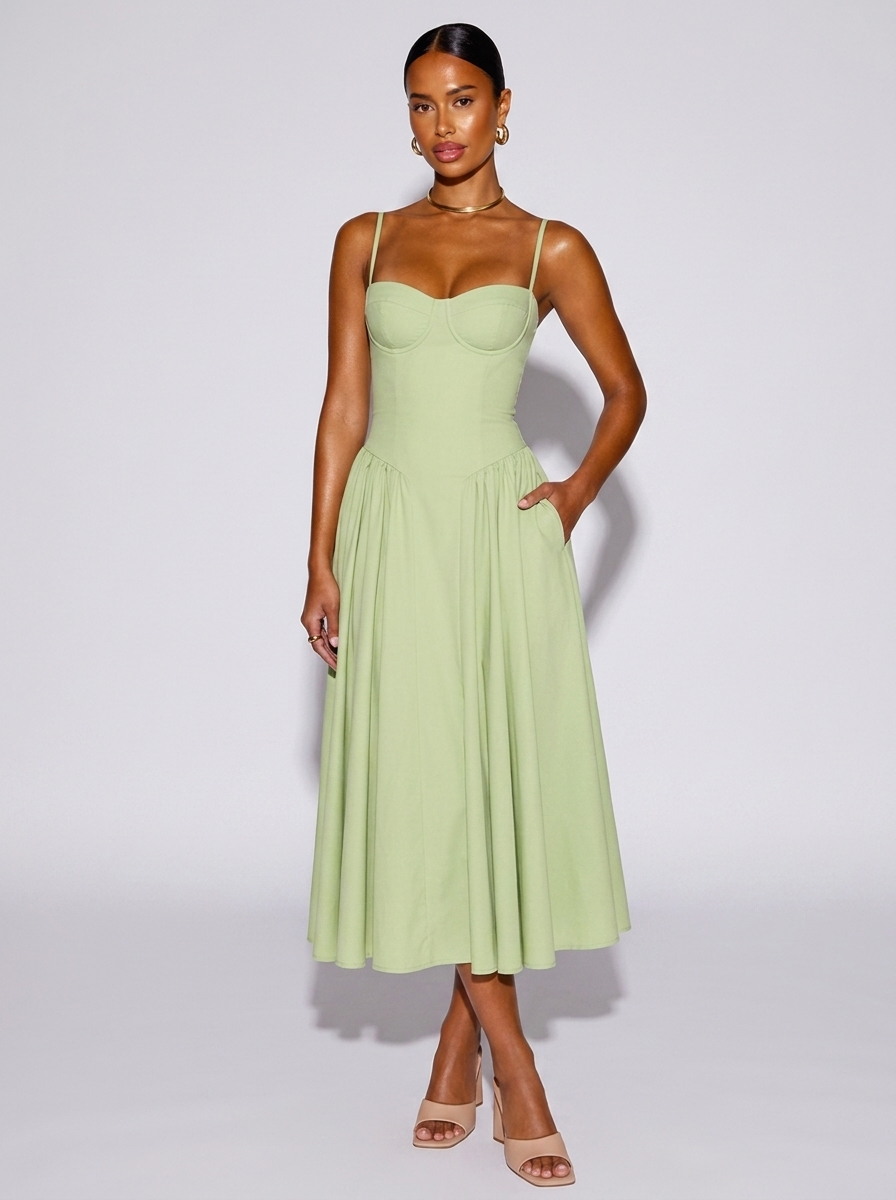 Santorini Sweetheart Neck Ruched Dress in Light Green