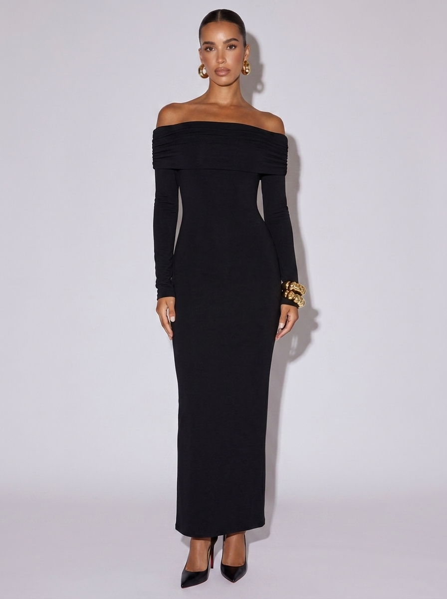 New York Off-Shoulder Long Sleeve Maxi Dress in Black