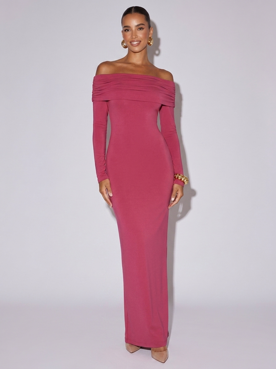 New York Off-Shoulder Long Sleeve Maxi Dress in Pink