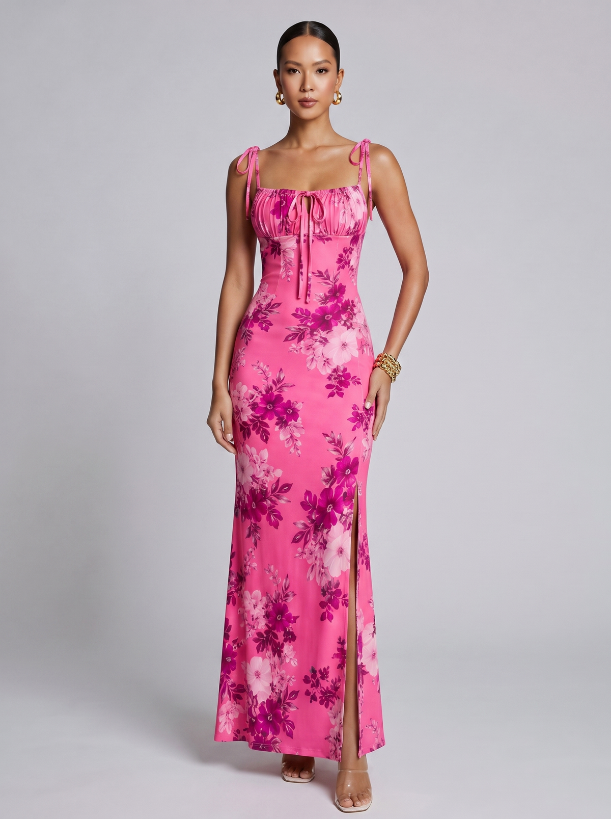 Amsterdam Printed Floral Slit Dress in Hot Pink