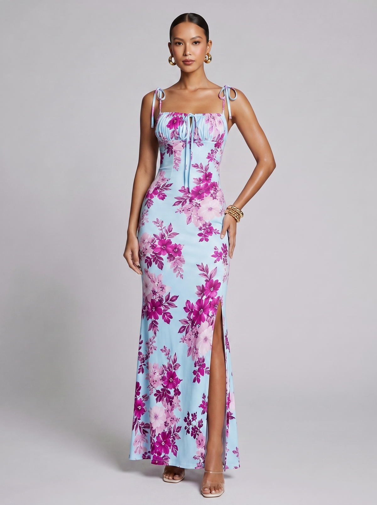 Amsterdam Printed Floral Slit Dress in Light Blue