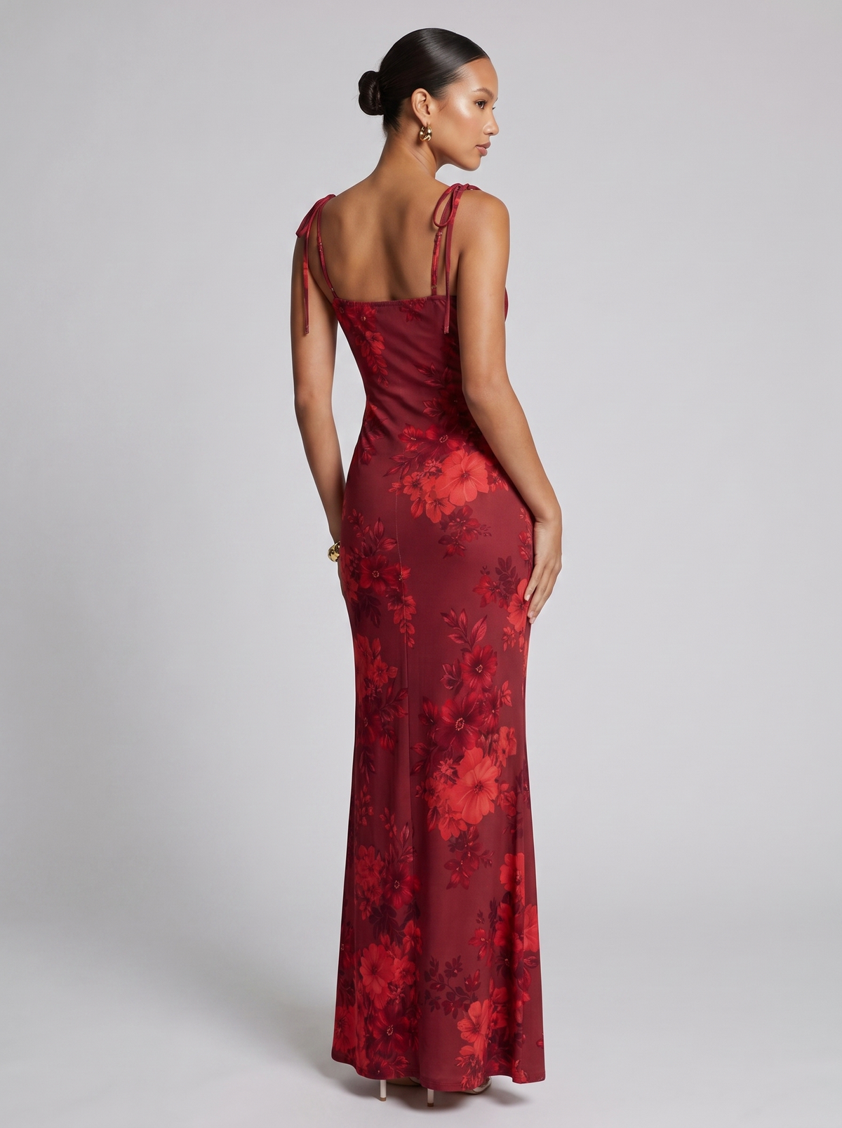 Amsterdam Printed Floral Slit Dress in Deep Red