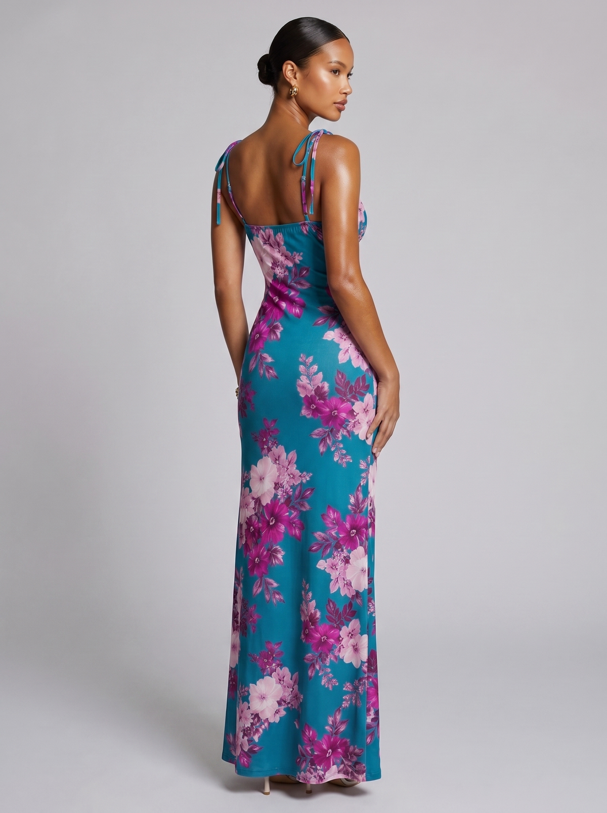 Amsterdam Printed Floral Slit Dress in Peacock  Blue
