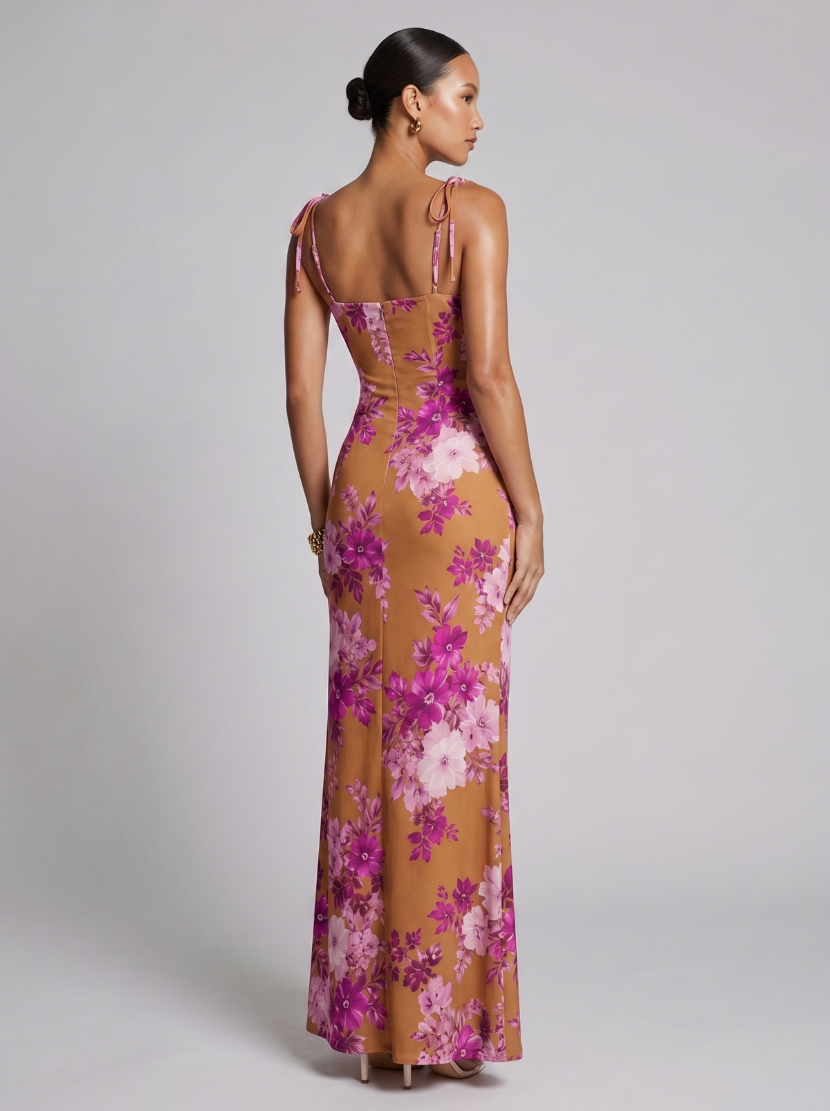 Amsterdam Printed Floral Slit Dress in Caramel