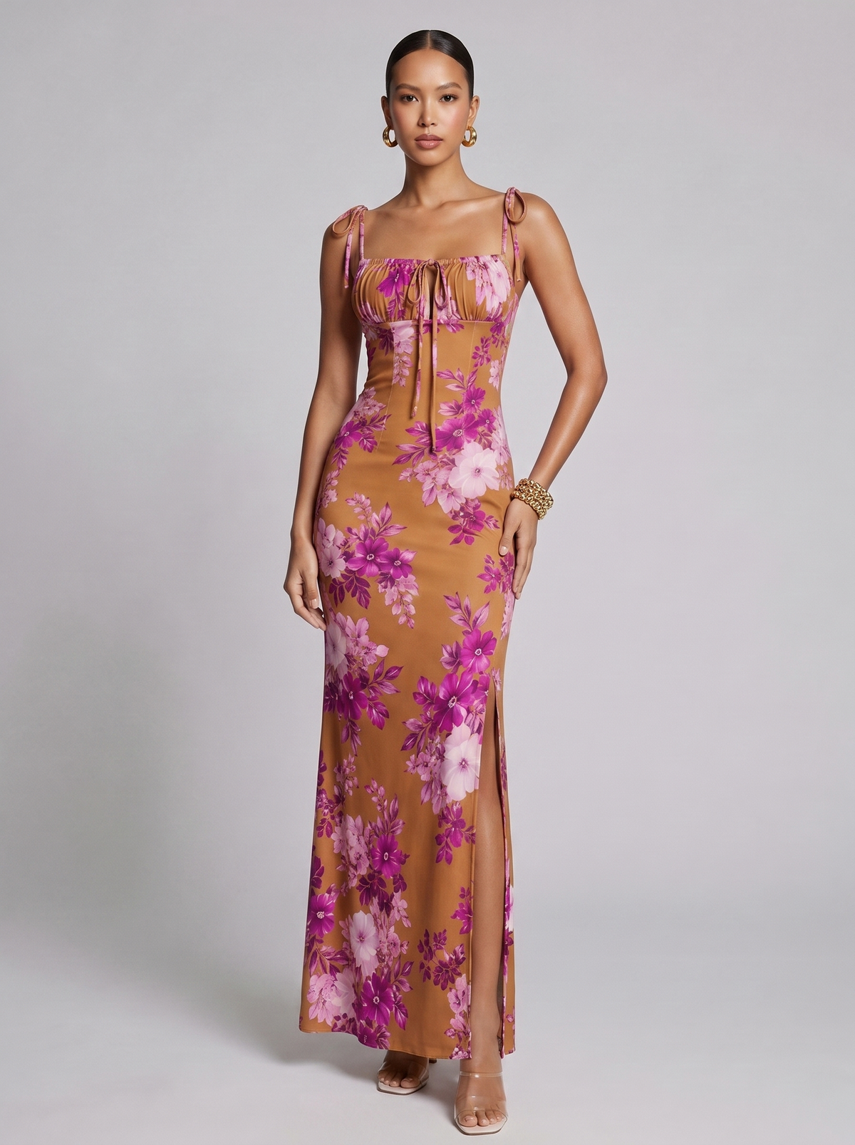 Amsterdam Printed Floral Slit Dress in Caramel