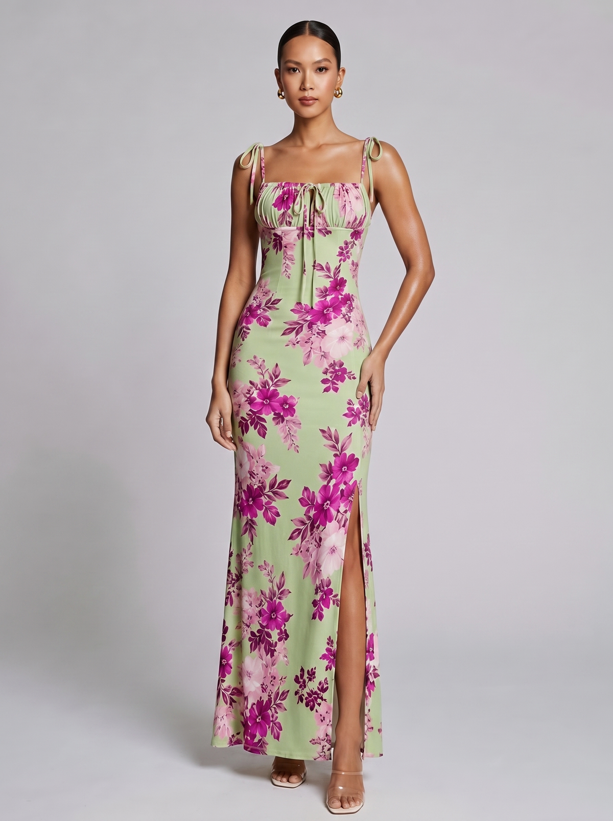 Amsterdam Printed Floral Slit Dress in Matcha Green