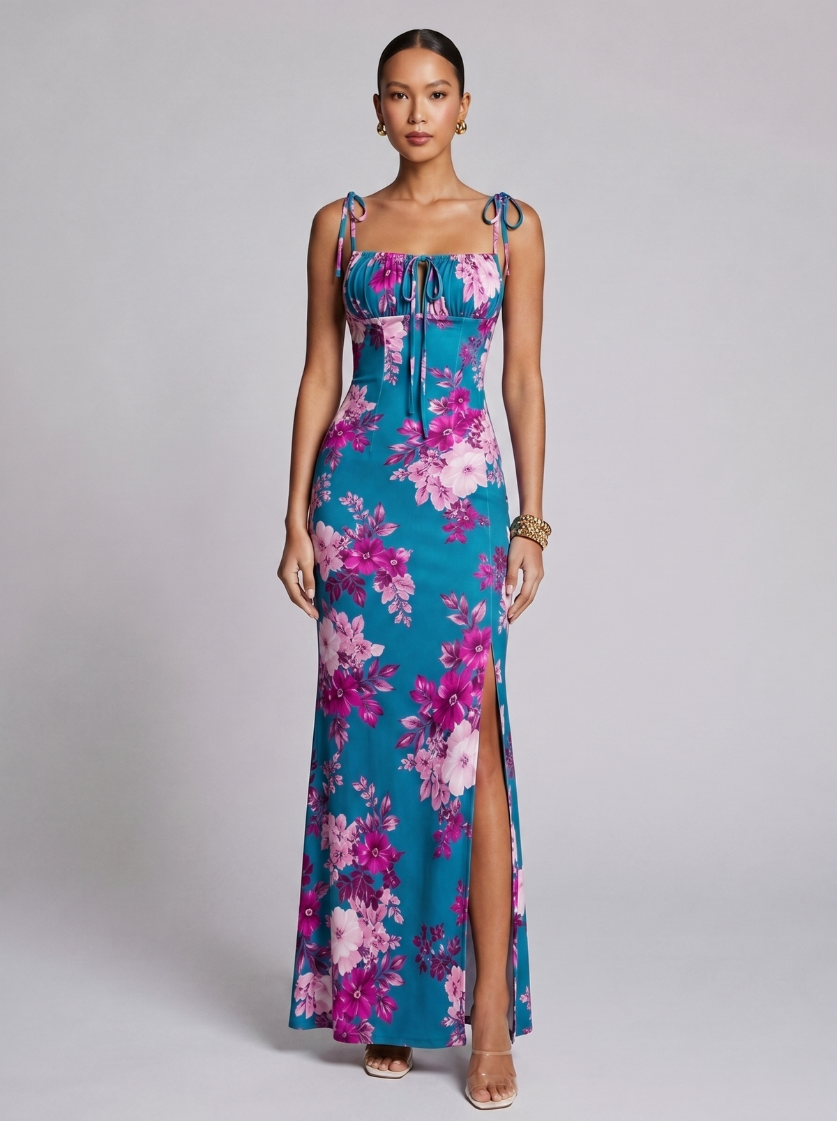 Amsterdam Printed Floral Slit Dress in Peacock  Blue