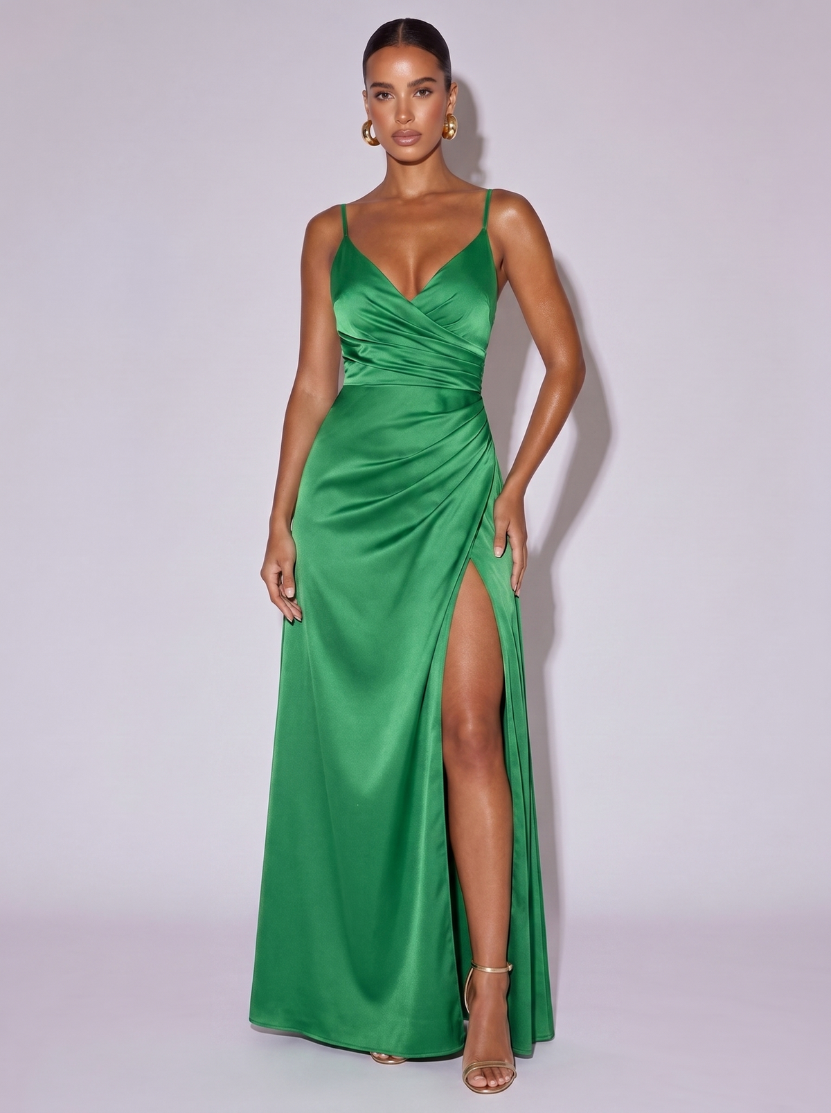 Los Angeles Ruched Slit Cami Dress in Green