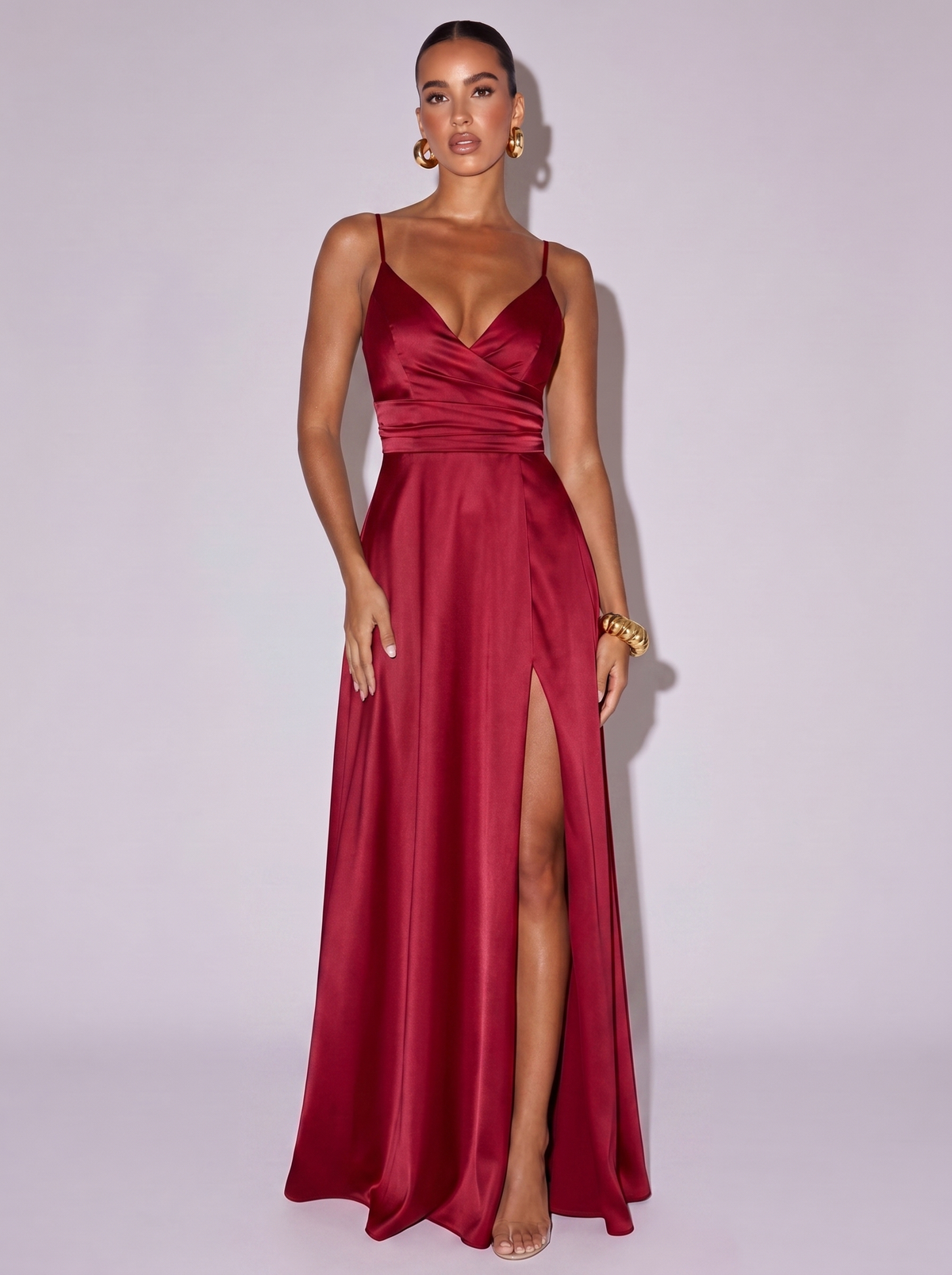 Los Angeles Ruched Slit Cami Dress in Wine Red