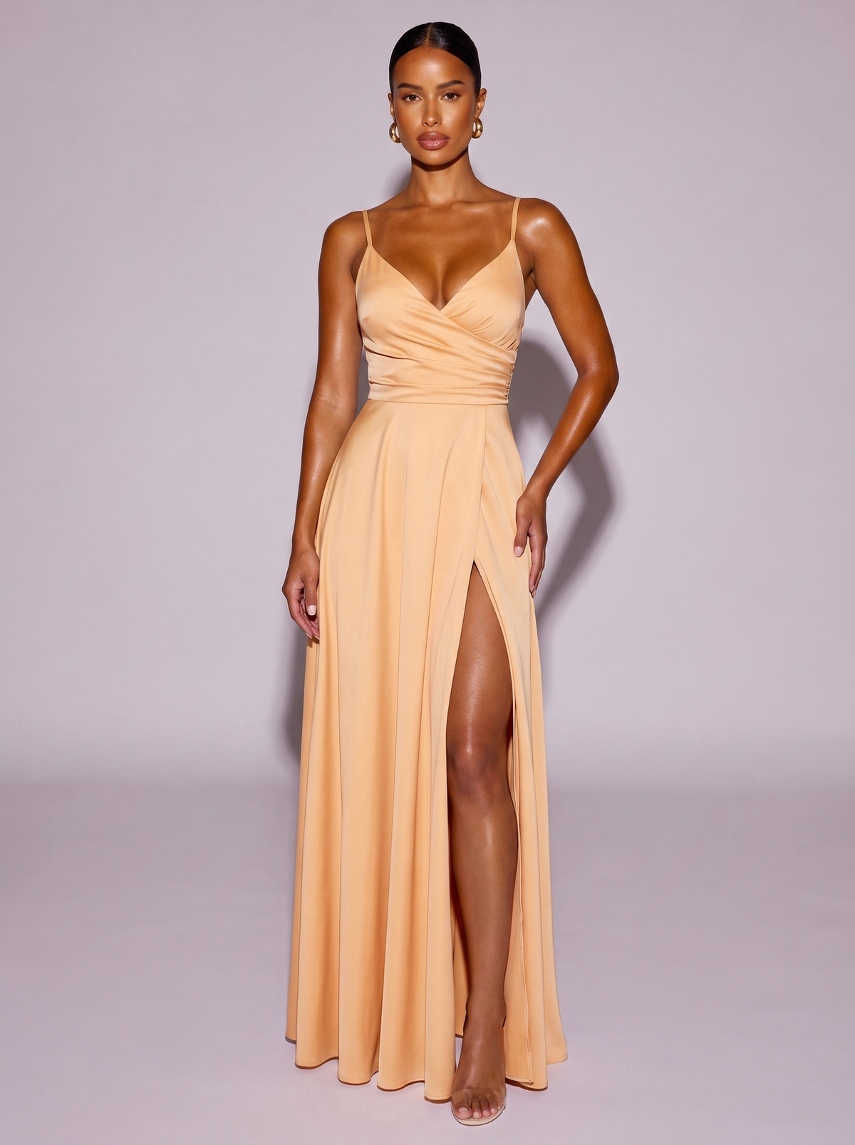 Los Angeles Ruched Slit Cami Dress in Apricot