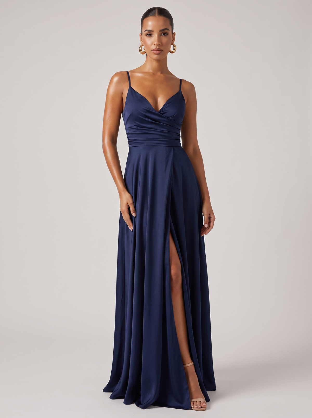 Los Angeles Ruched Slit Cami Dress in Navy Blue