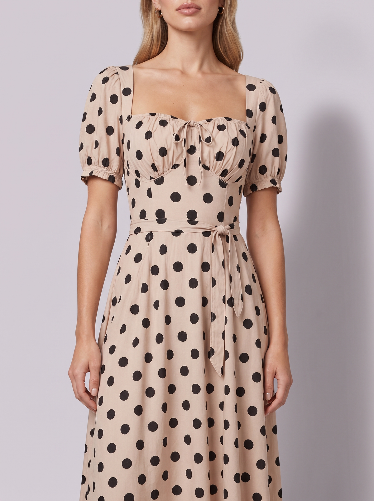 Paris Polka Dot Puff Sleeve Dress in Apricot