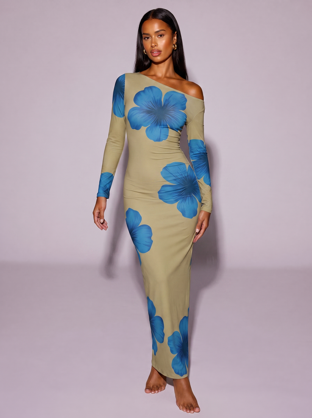 Floral Print One-Shoulder Ruched Maxi Dress in Khaki