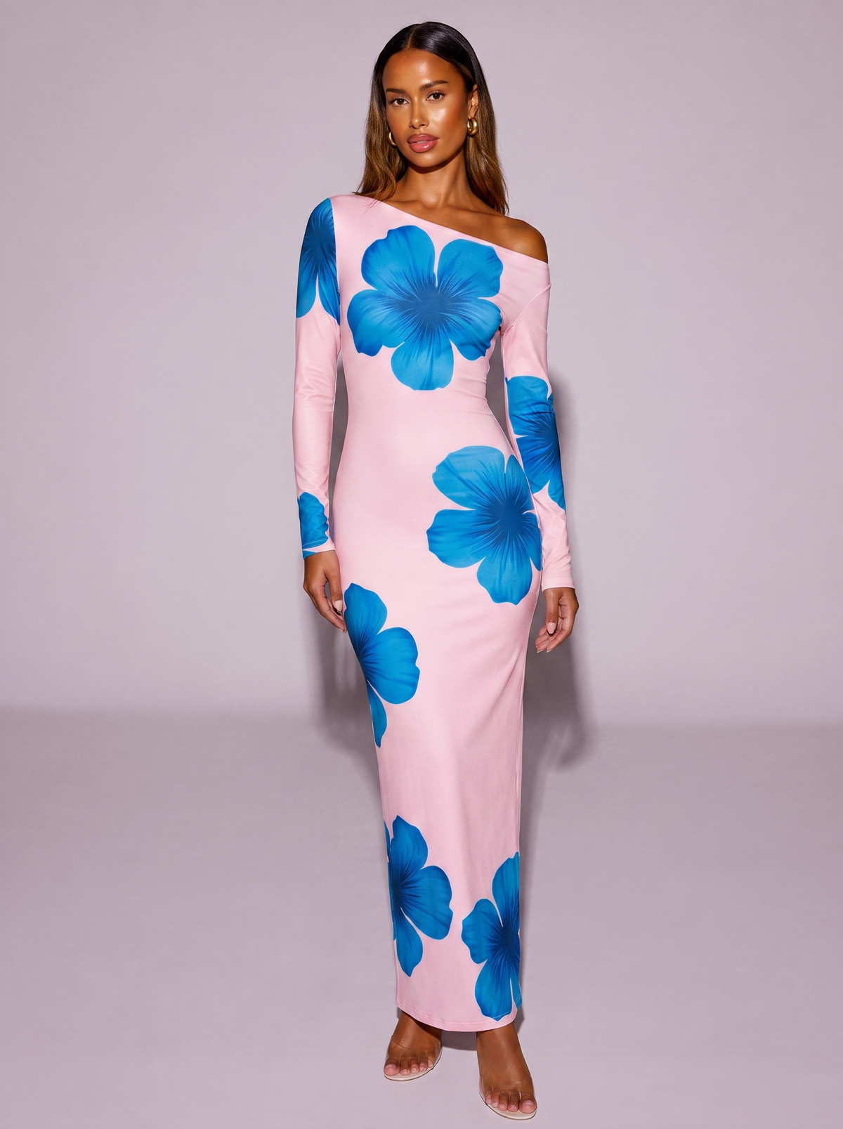 Floral Print One-Shoulder Ruched Maxi Dress in Pink
