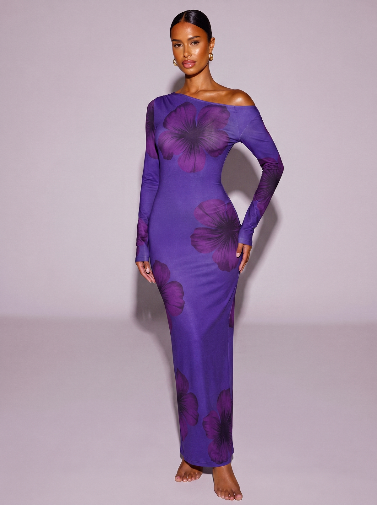 Floral Print One-Shoulder Ruched Maxi Dress in Purple