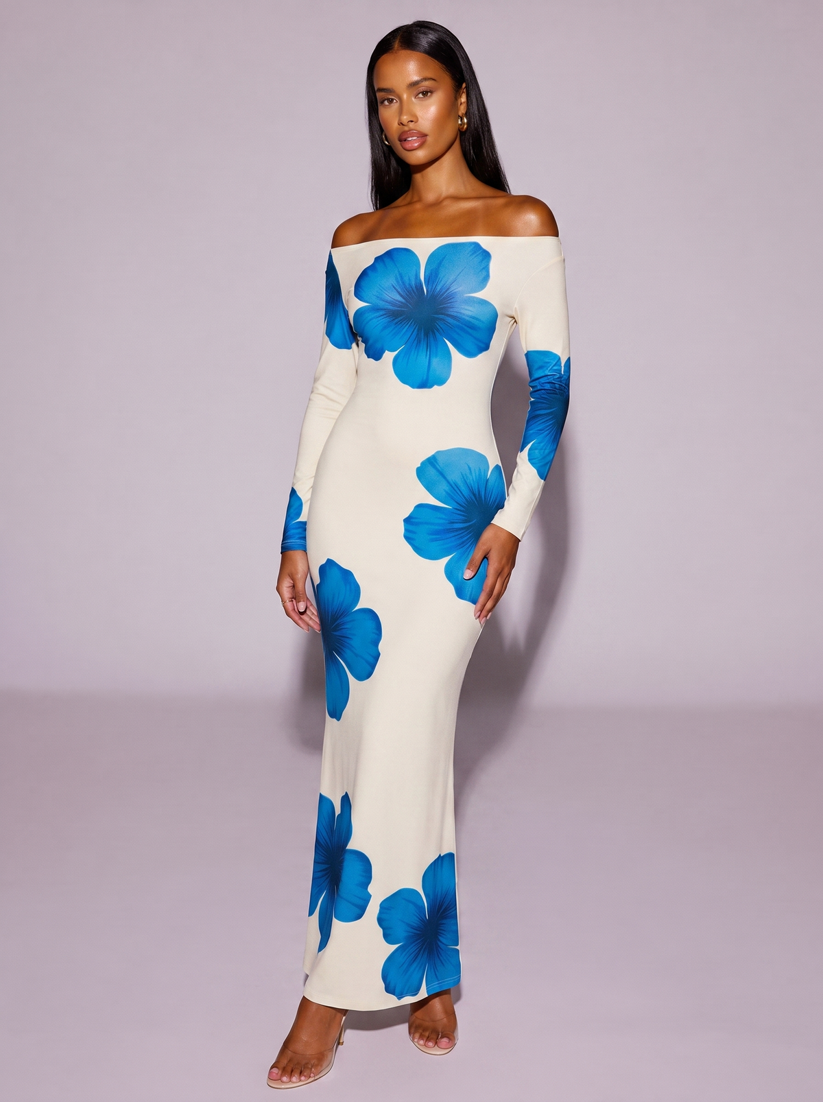 Floral Print One-Shoulder Ruched Maxi Dress in Blue
