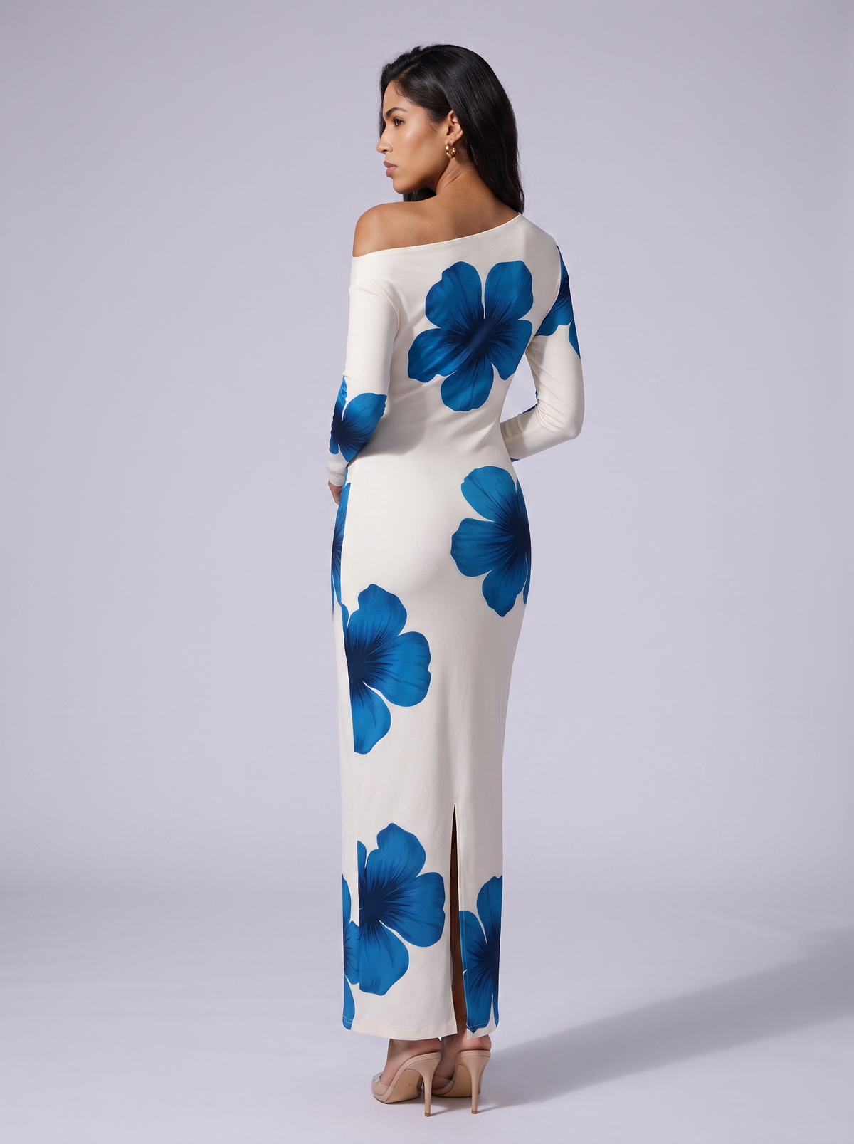 Floral Print One-Shoulder Ruched Maxi Dress in Blue