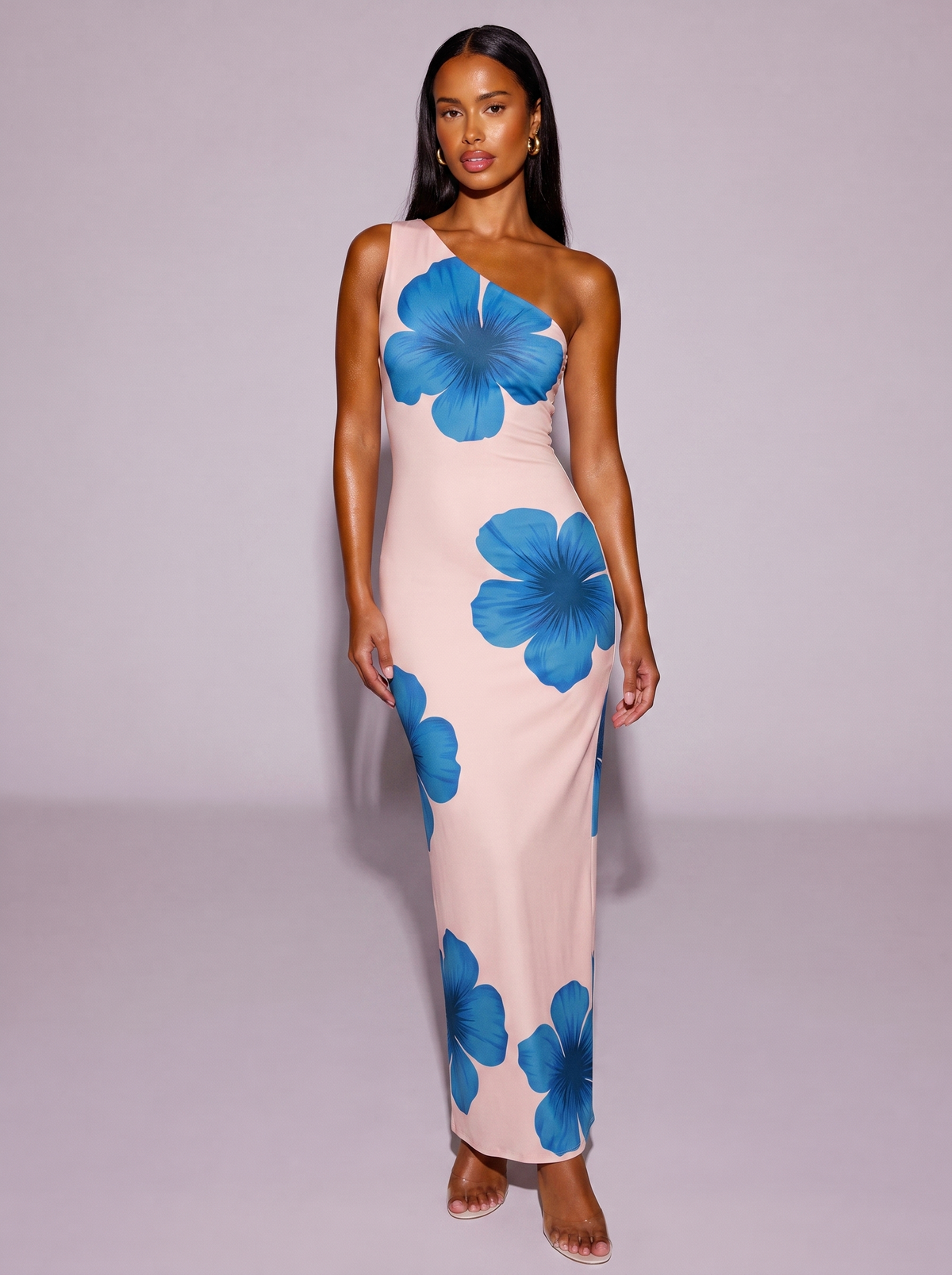 Floral Print One-Shoulder Ruched Maxi Dress in Blush Pink