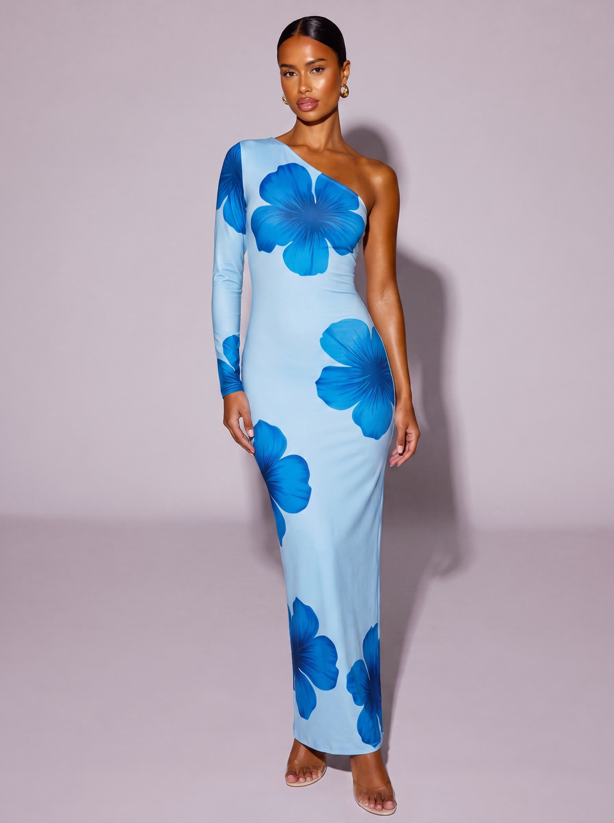 Floral Print One-Shoulder Ruched Maxi Dress in Sky Blue