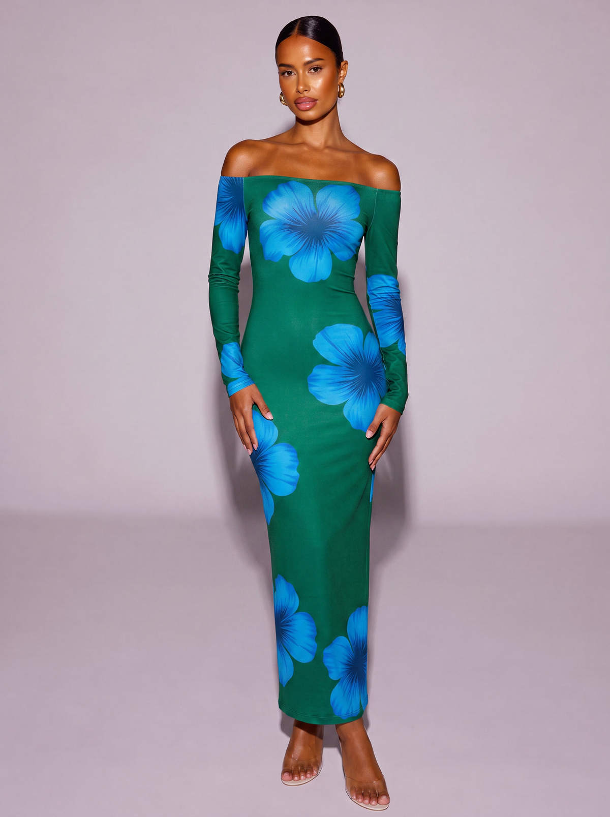 Floral Print One-Shoulder Ruched Maxi Dress in Green