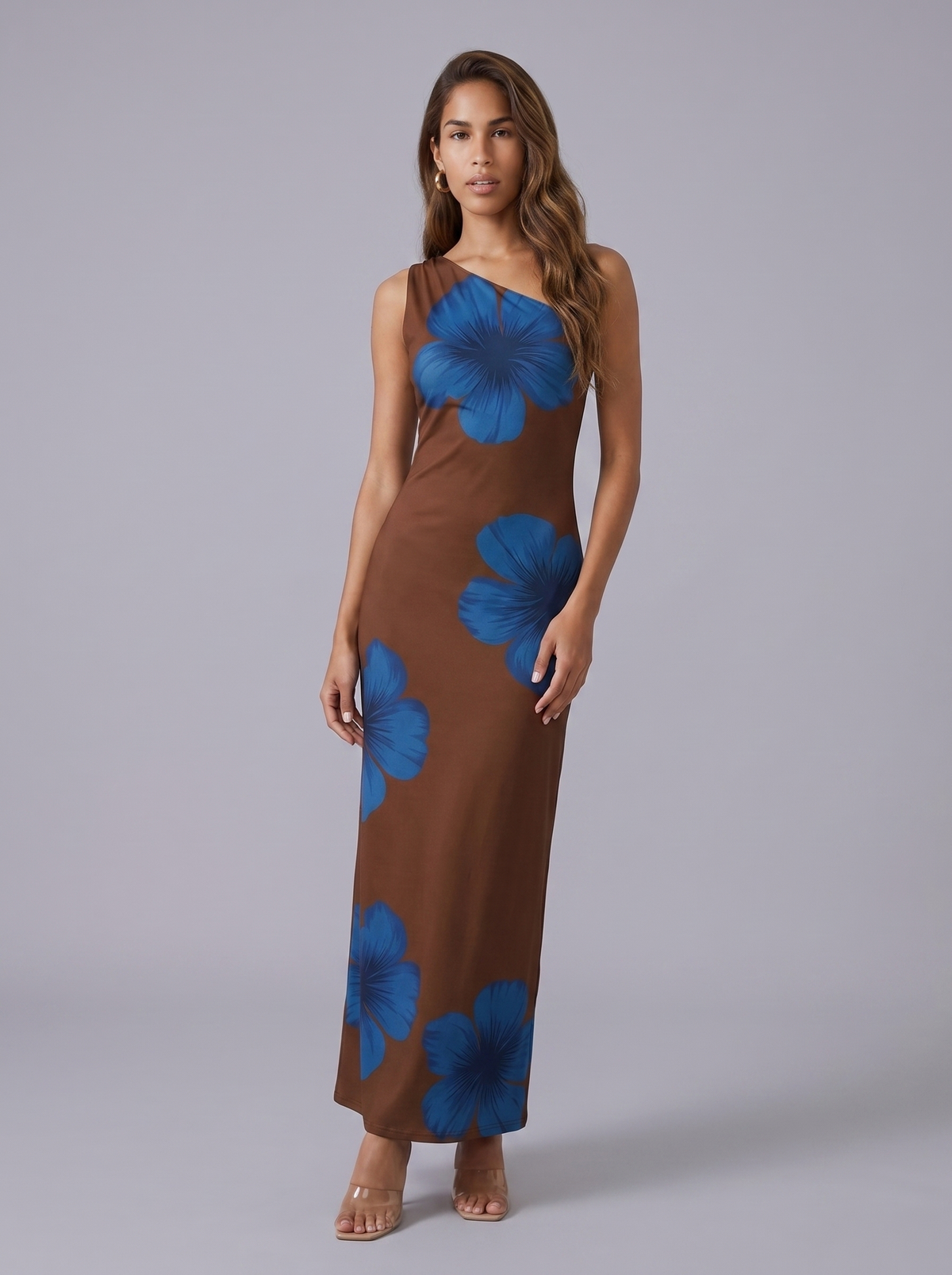 Floral Print One-Shoulder Ruched Maxi Dress in Brown