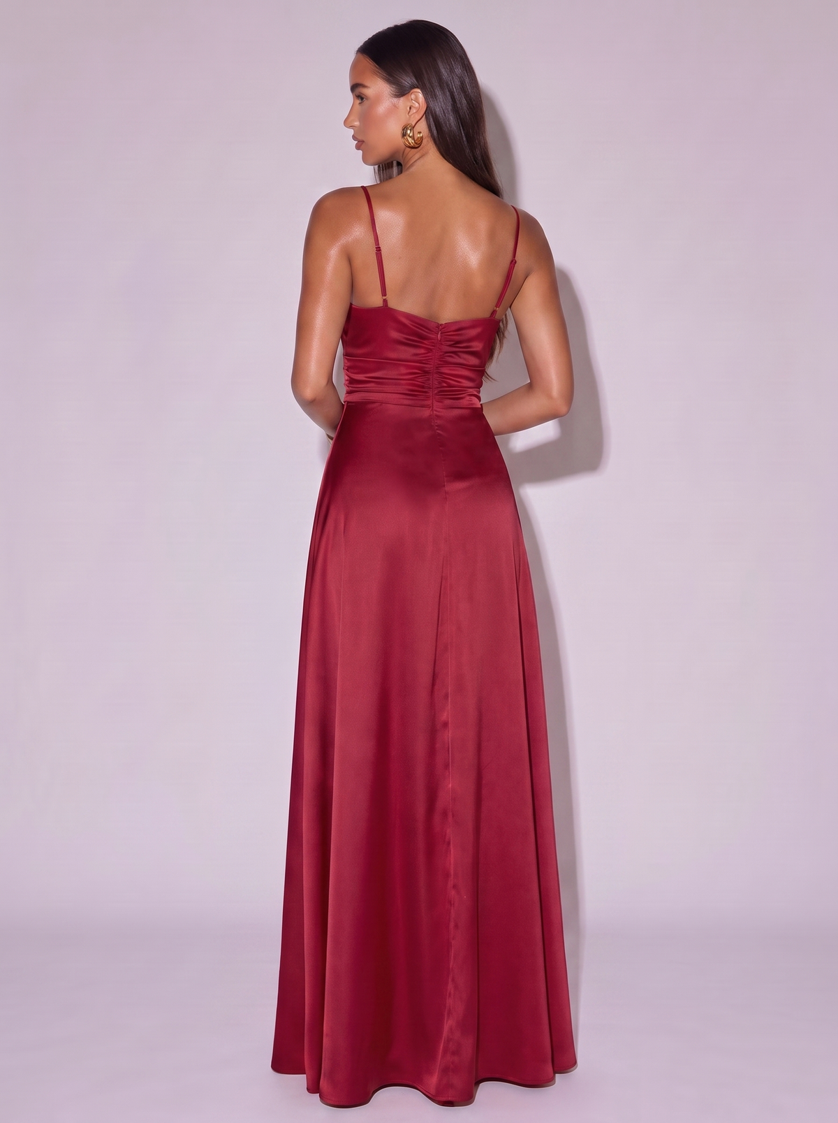 Los Angeles Ruched Slit Cami Dress in Wine Red