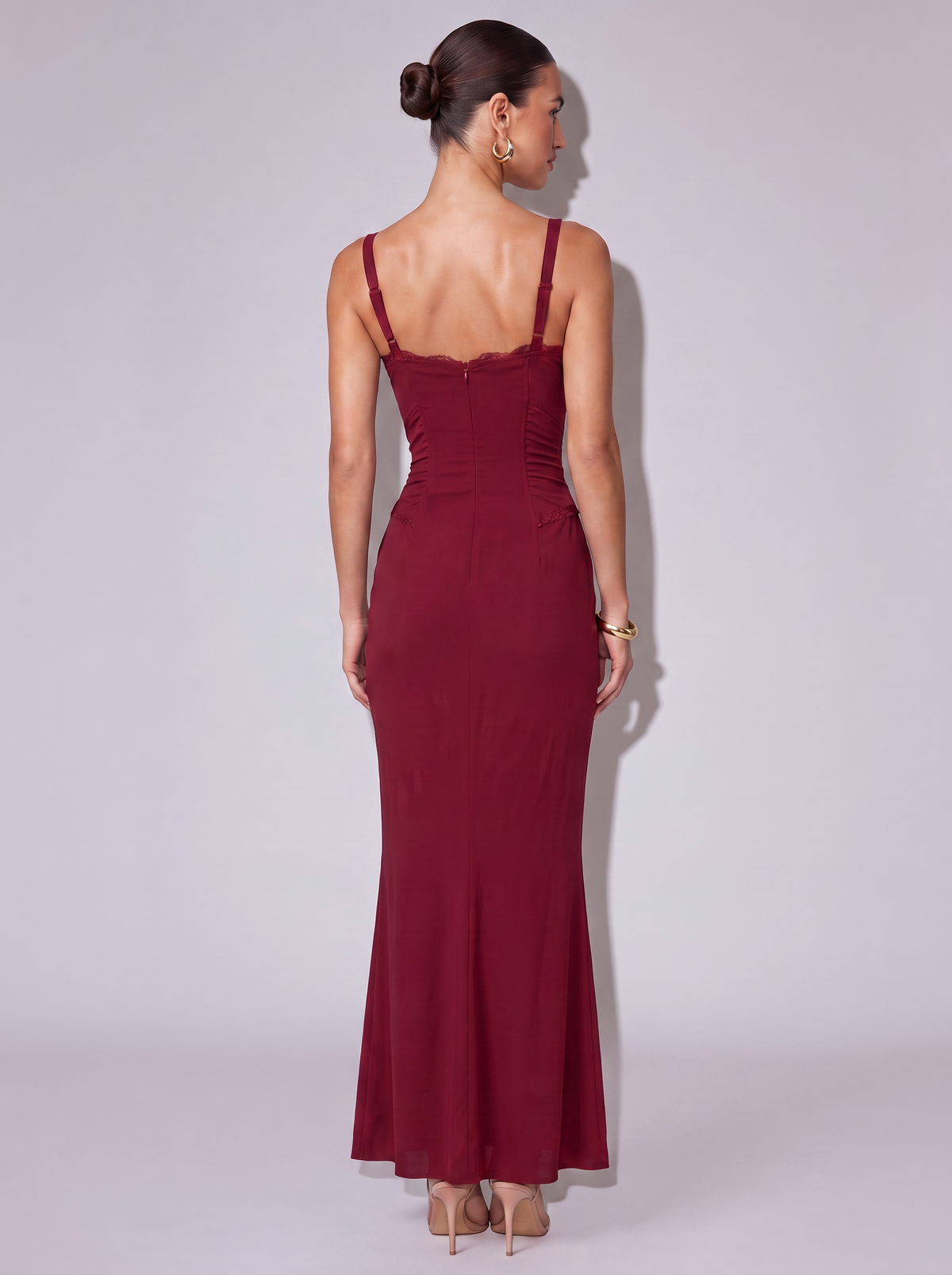 Monaco Lace Trim Ruched Mermaid Dress in Red Wine