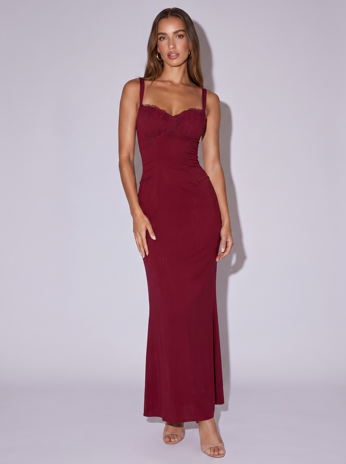 Monaco Lace Trim Ruched Mermaid Dress in Red Wine