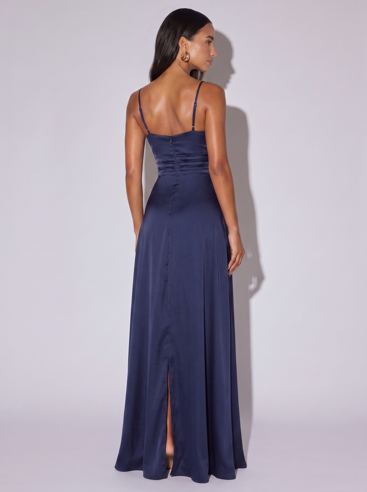 Los Angeles Ruched Slit Cami Dress in Navy Blue