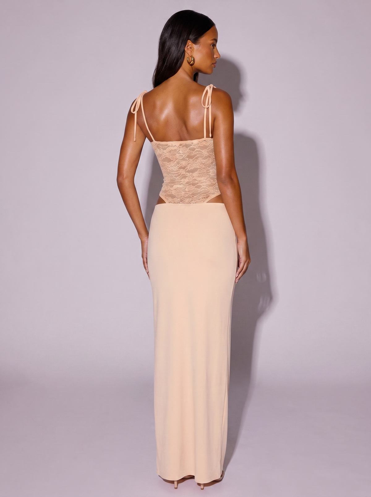 Miami Lace Cutout Tie Shoulder Dress in Light Apricot