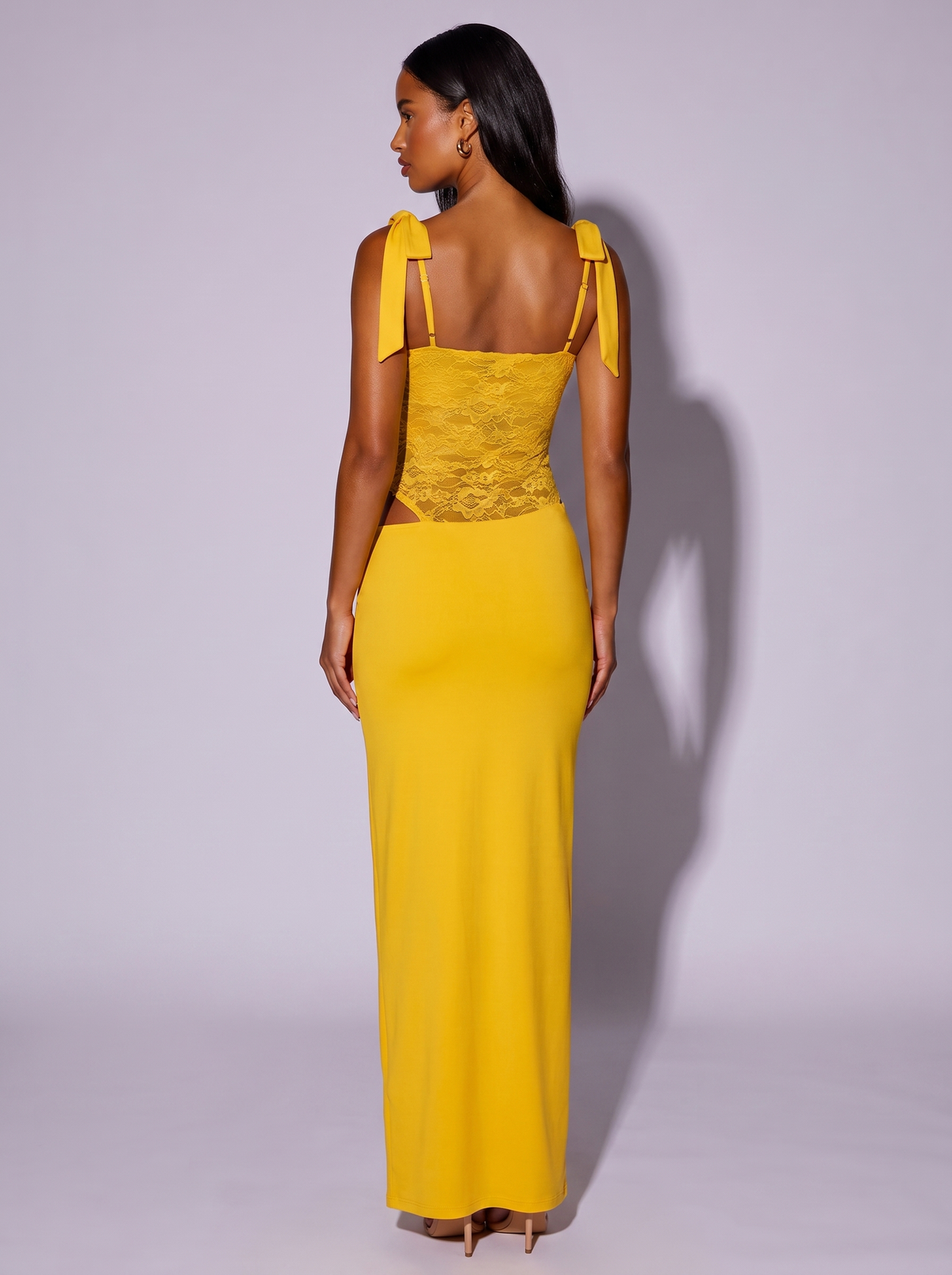 Miami Lace Cutout Tie Shoulder Dress in Yellow