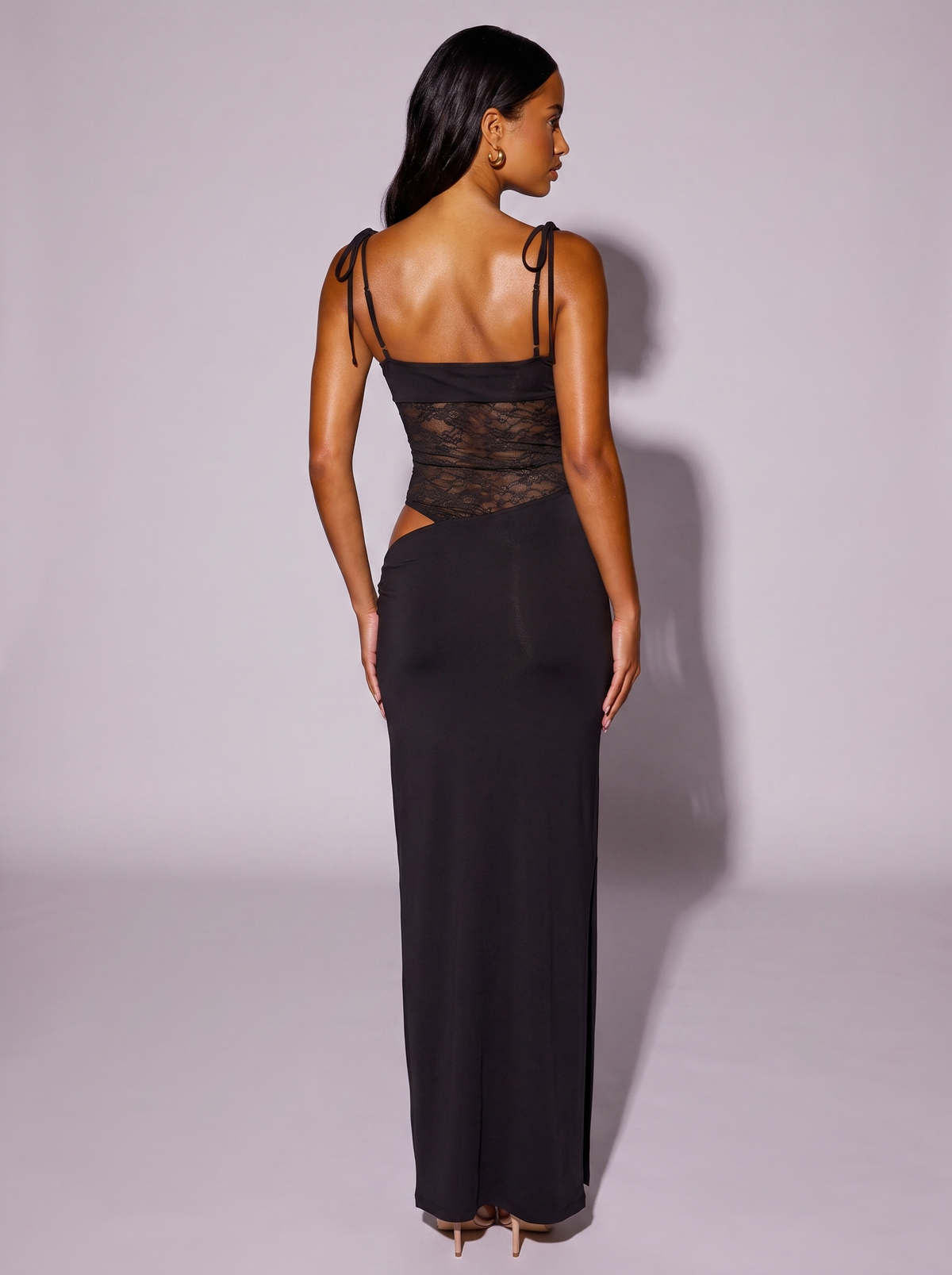 Miami Lace Cutout Tie Shoulder Dress in Black