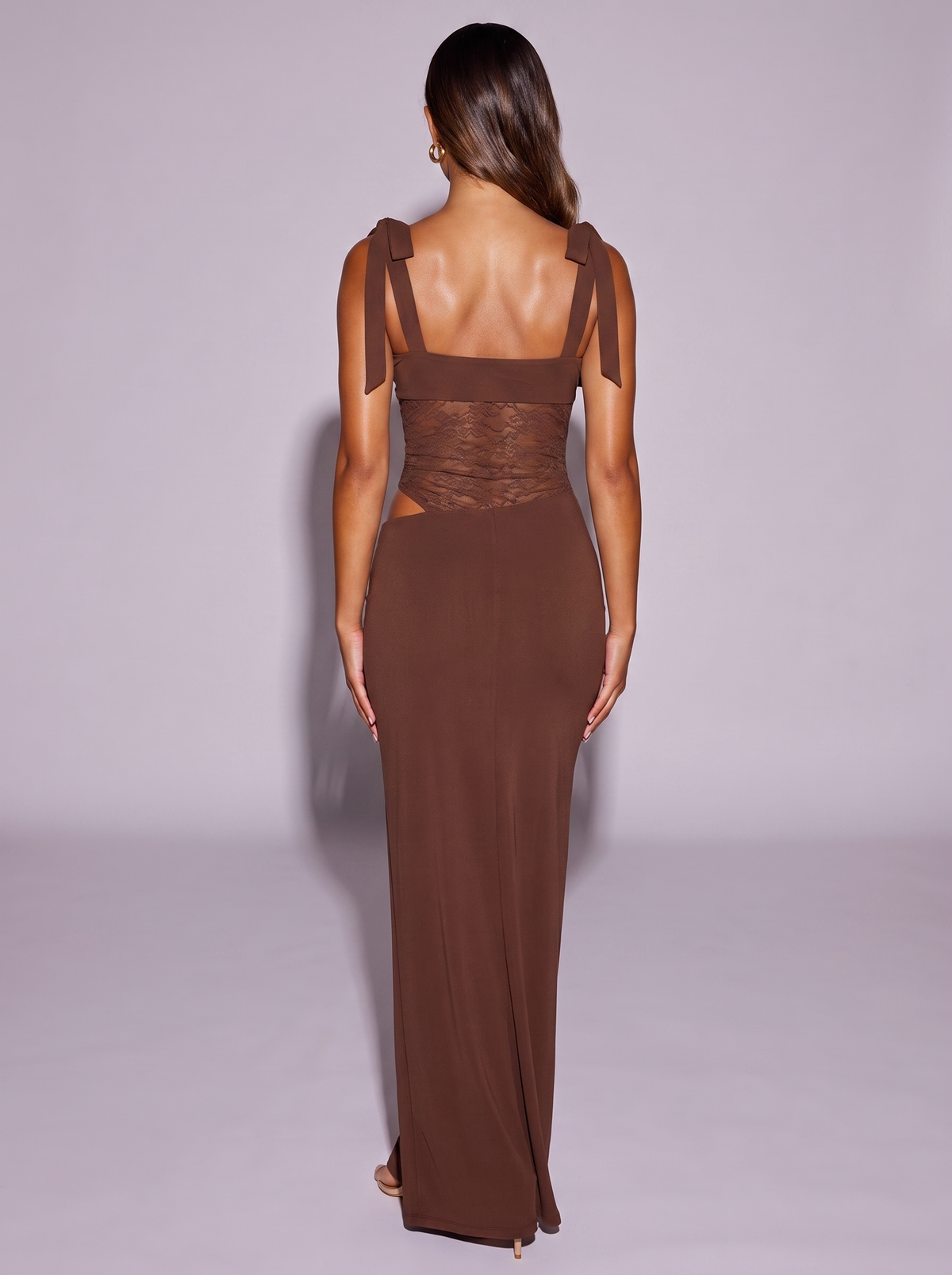 Miami Lace Cutout Tie Shoulder Dress in Brown