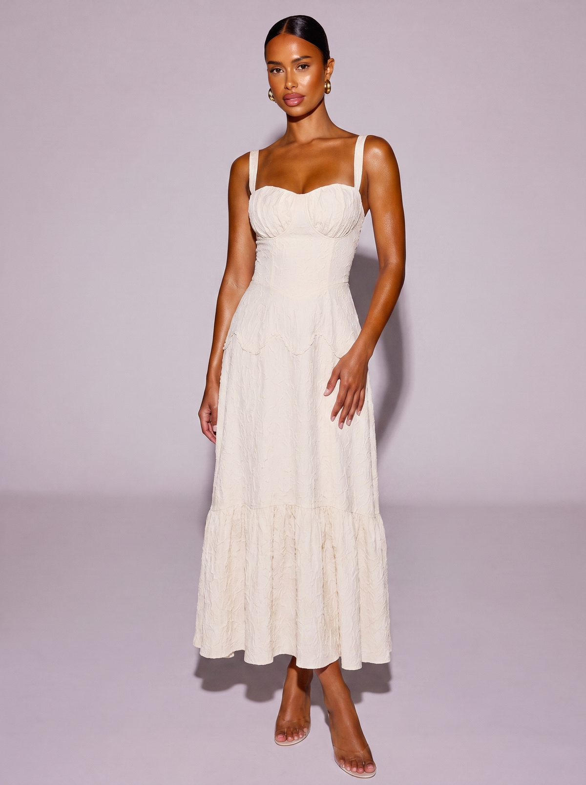Ibiza Frill Tiered Textured Cami Dress in Ivory White